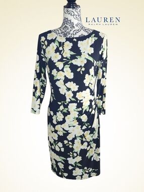 LAUREN RALPH LAUREN Black Floral 3/4-Sleeve Sheath Dress - 6
